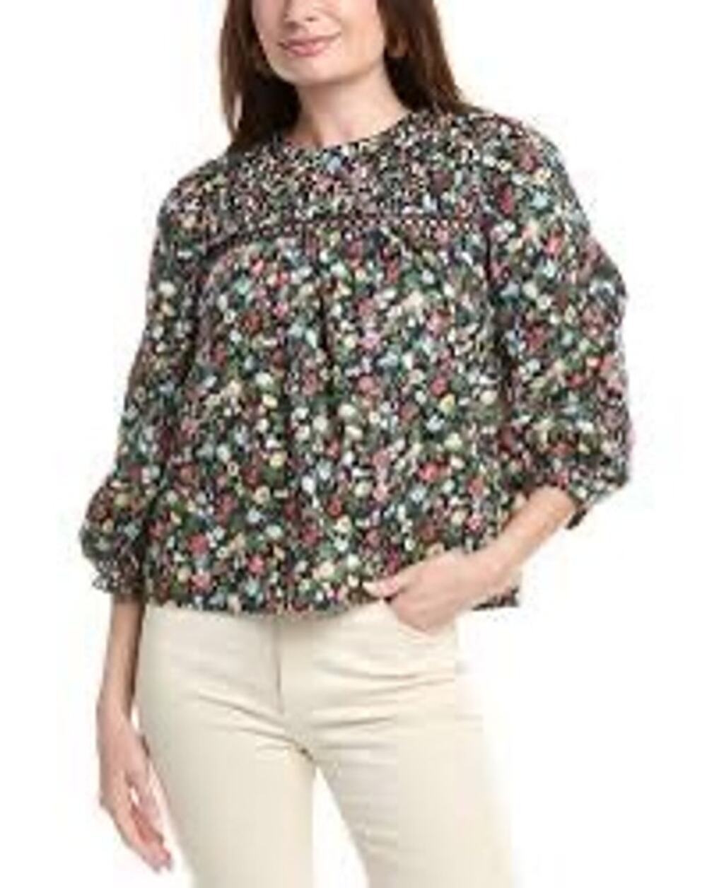 English Factory Floral Pintuck Women's cotton popover blouse floral black Small
